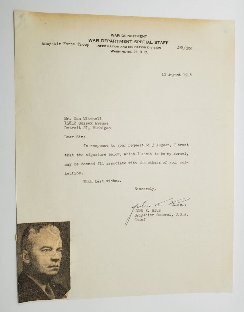 1948 Military Letter Brigadier General John K. Rice War Department Special Staff