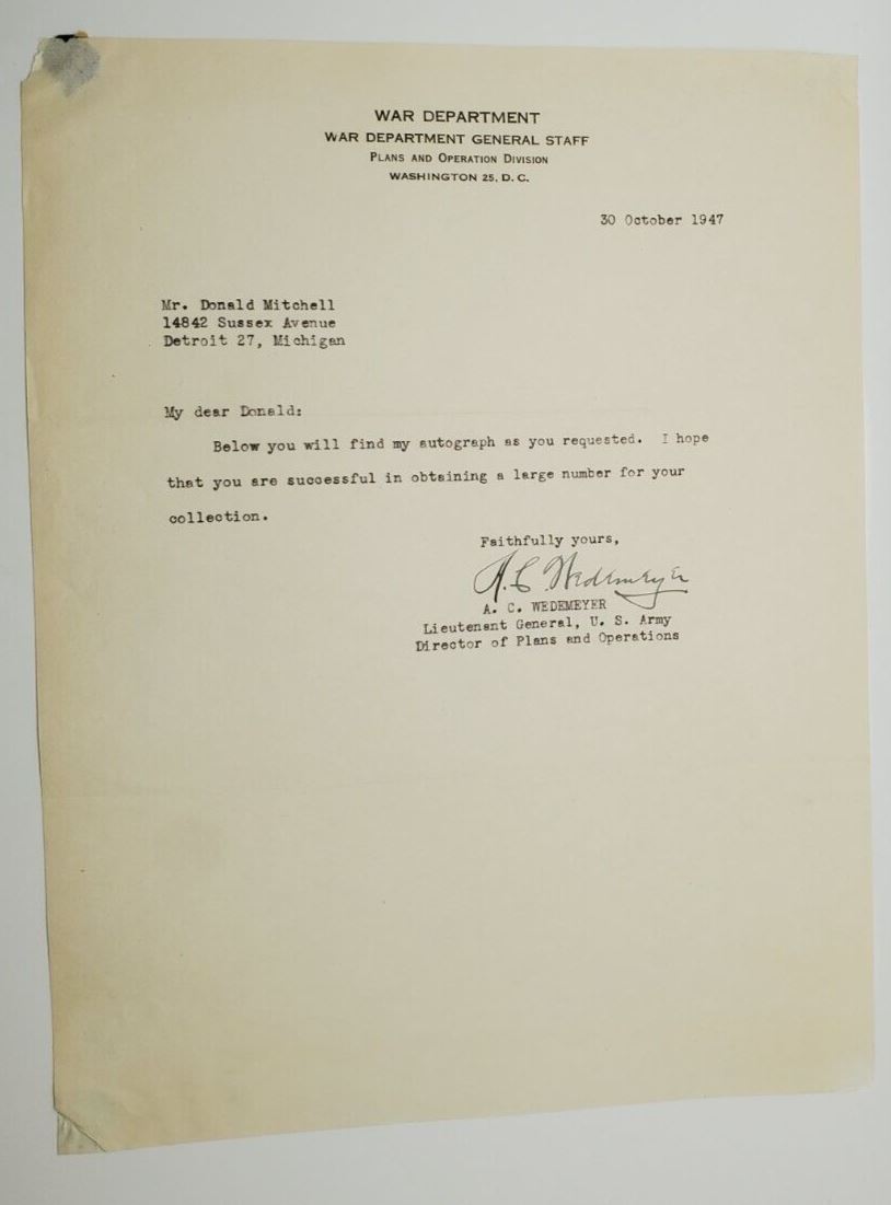 1947 Military Autograph Lieut. Gen. A.C. Wedemeyer War Department