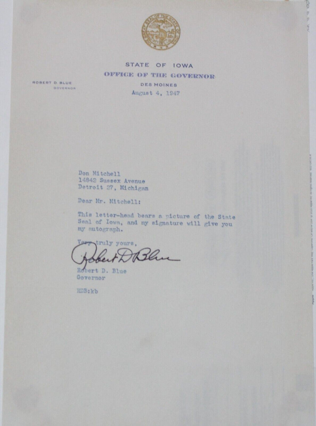 Robert D. Blue Autograph (Governor of Iowa, 1945-1949)