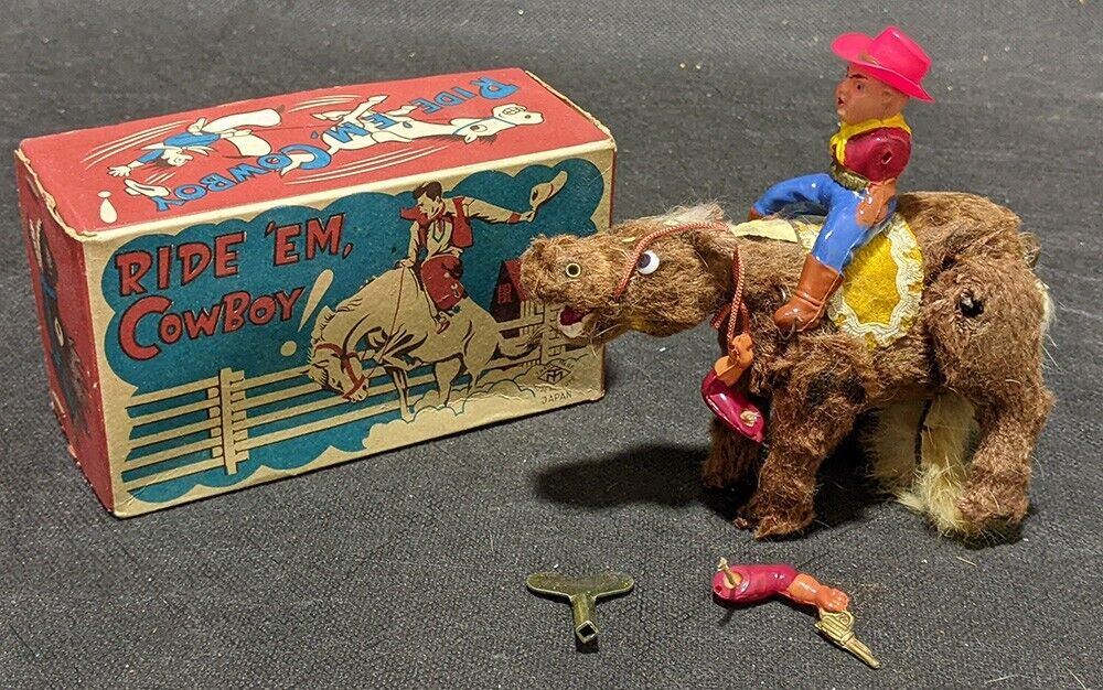 Vintage Ride 'Em Cowboy Wind Up Toy With Original Box - Made in Japan