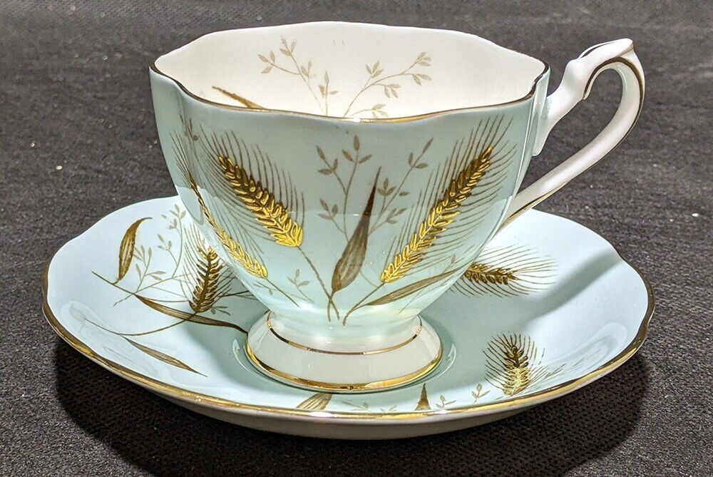 Vintage Queen Anne Bone China Tea Cup & Saucer - Soft Blue & Wheat Detail