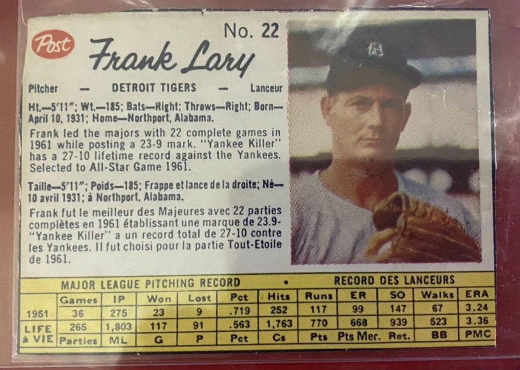 1962 Post Canadian Detroit Tigers Frank Lary Hand cut
