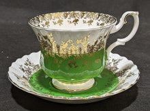 Load image into Gallery viewer, Royal Albert Bone China Tea Cup &amp; Saucer -- Regal Series - Green &amp; Gold Detail
