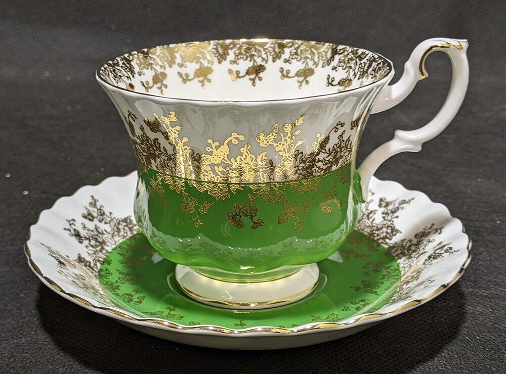 Royal Albert Bone China Tea Cup & Saucer -- Regal Series - Green & Gold Detail