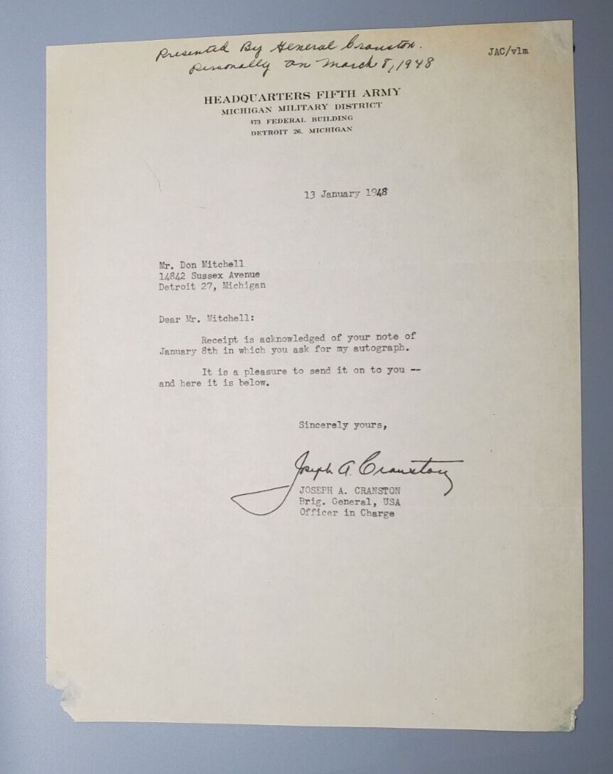 1948 Military Autograph Joseph A. Cranston Signed