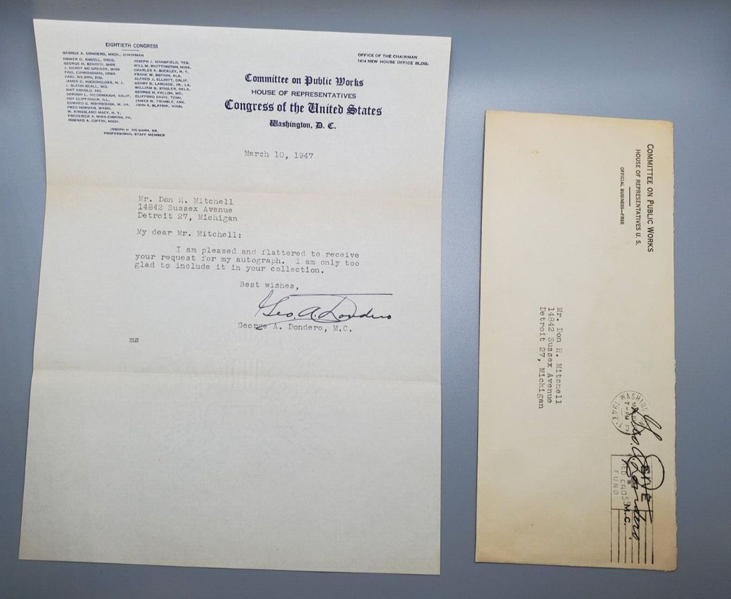 1947 Autograph Committee on Public Works George A. Dondero Signed w/ envelope