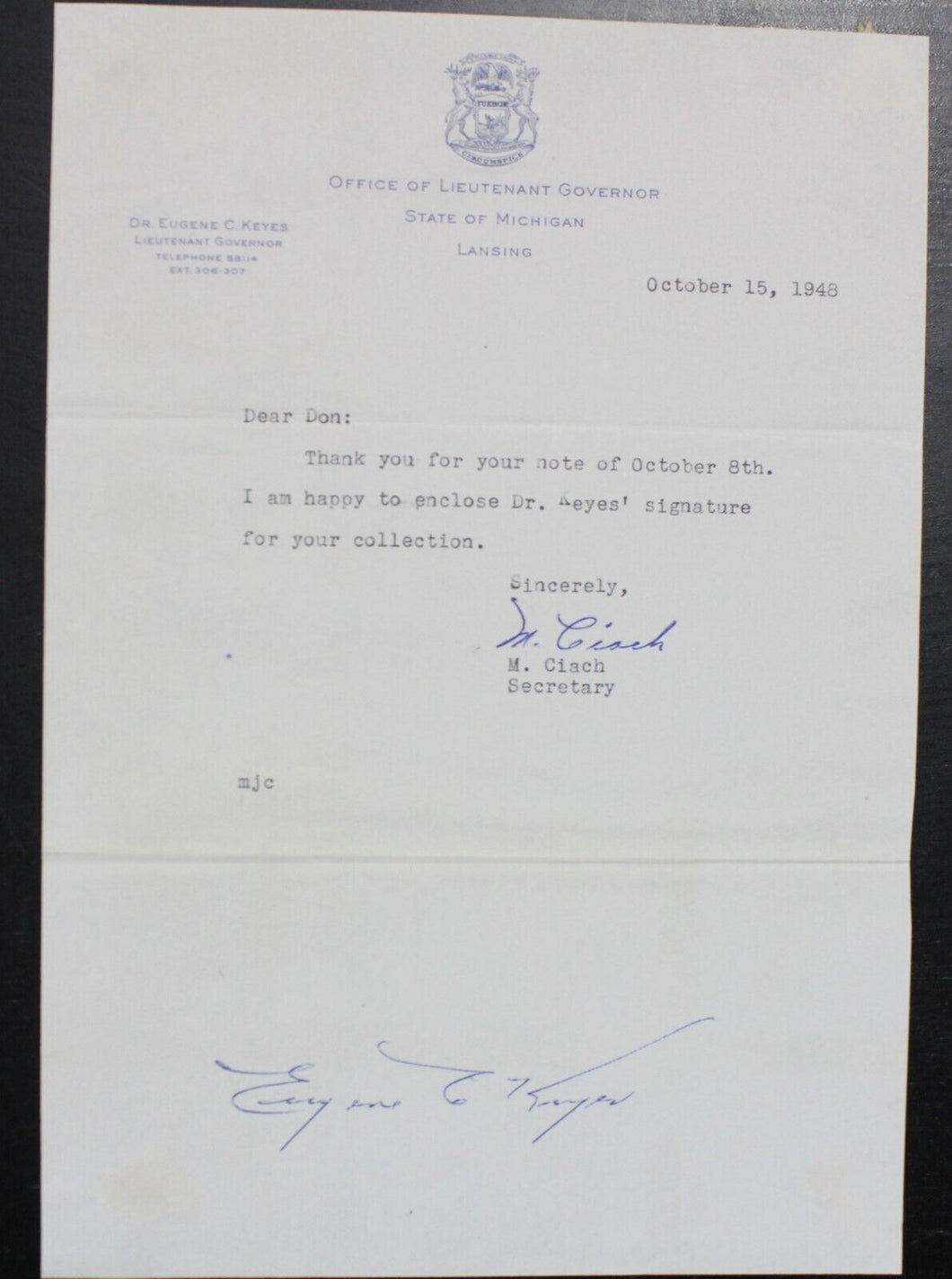 Eugene Keyes Autograph (Lieutenant Governor of Michigan, 1943-1945 & 1947-1949)