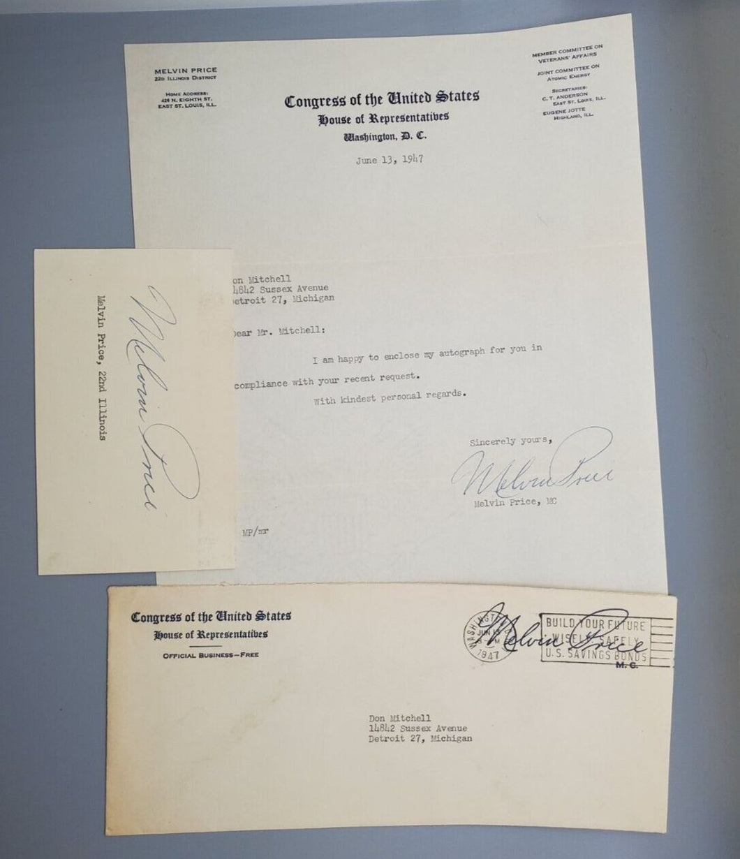 1947 Autograph Melvin Price Signed Congress of the United States (with envelope)