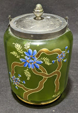 Load image into Gallery viewer, Vintage Hand Painted Green Glass Biscuit Barrel - As Is
