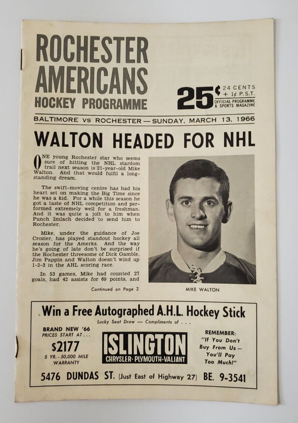1965-66 Official Program Rochester Americans / Baltimore Don Cherry Unscored