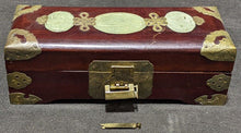 Load image into Gallery viewer, Vintage Wooden Jewelry Box With Carved Jade Stone Inserts &amp; Brass Lock
