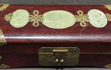 Load image into Gallery viewer, Vintage Wooden Jewelry Box With Carved Jade Stone Inserts &amp; Brass Lock
