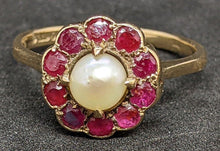 Load image into Gallery viewer, Vintage 9 Kt Yellow Gold Garnet &amp; Pearl Flower Ring - Size 7.5

