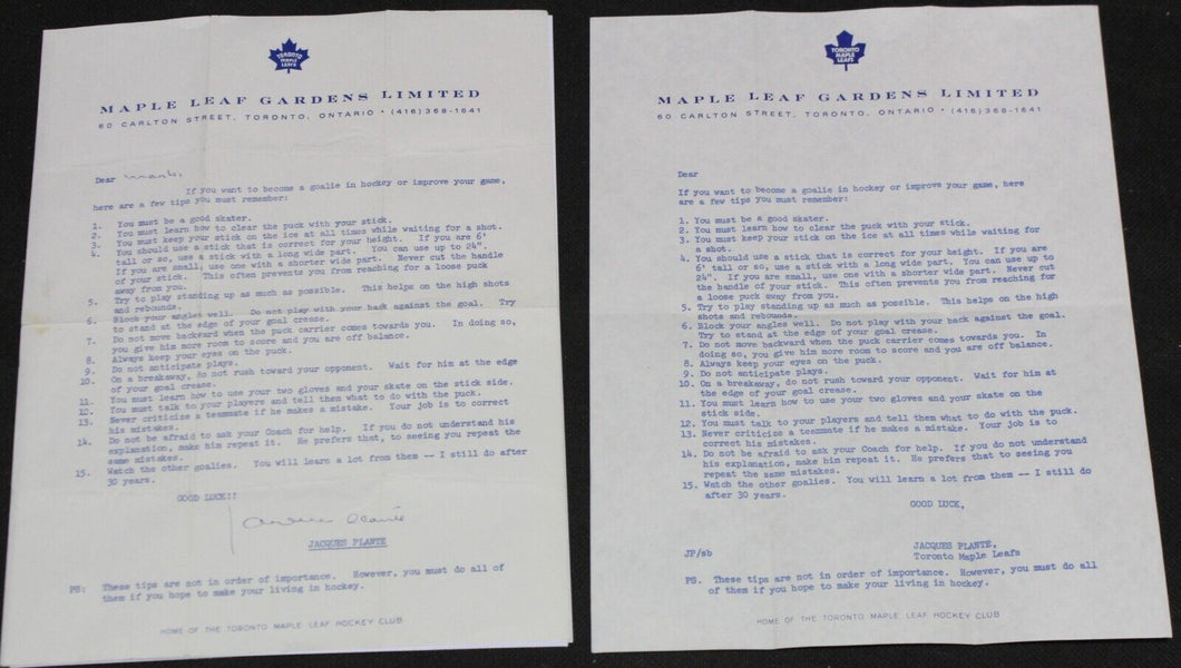 Autographed Maple Leaf Gardens Jacques Plante Hockey Tips Letter w/ JSA COA