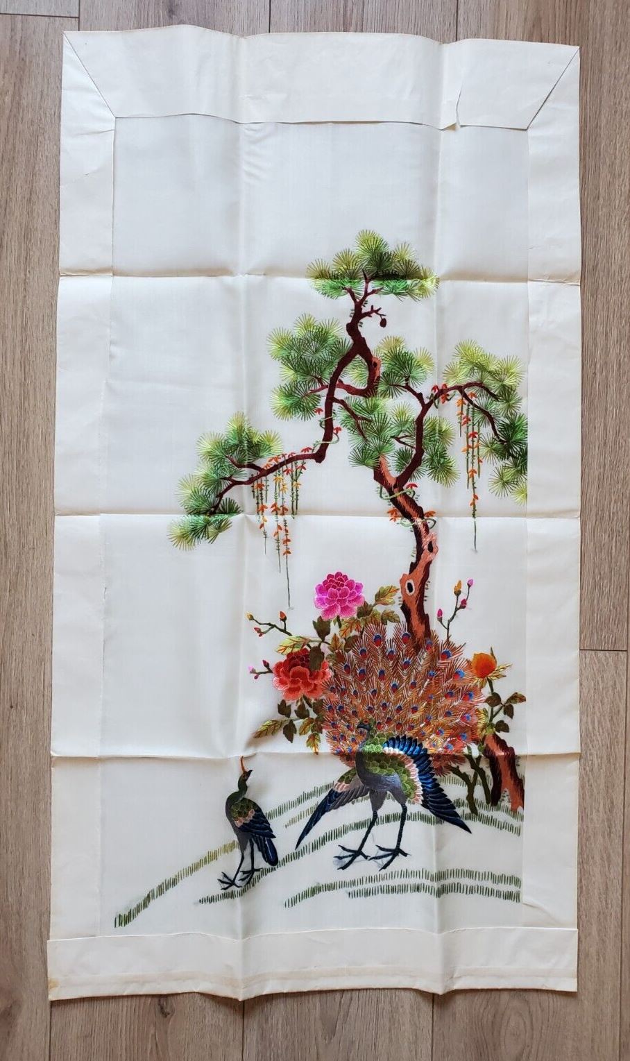 Vintage Asian Silk Embroidery - Never Framed - Peacock - 36