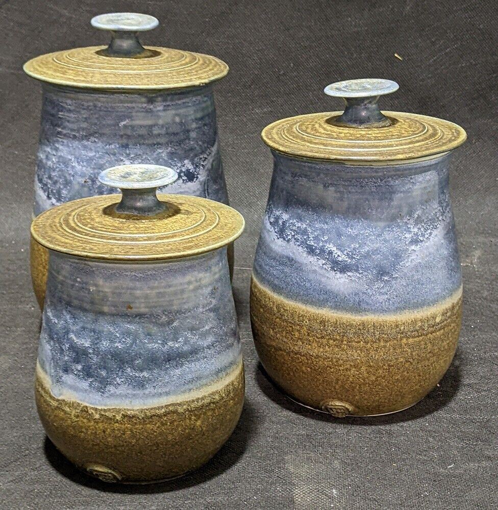 3 Pc. Earth Tone Blue & Brown Pottery Canister Set