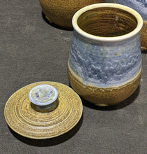 Load image into Gallery viewer, 3 Pc. Earth Tone Blue &amp; Brown Pottery Canister Set
