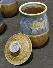 Load image into Gallery viewer, 3 Pc. Earth Tone Blue &amp; Brown Pottery Canister Set
