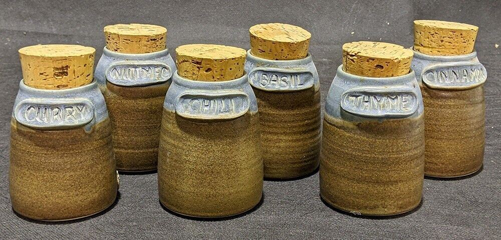 6 Pc. Earth Tone Blue & Brown Pottery Spice Jar Set