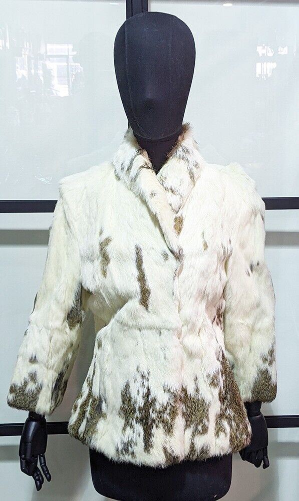 Vintage Women's Rabbit Fur Jacket - White With Brown Accent - Waist Length