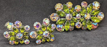 Load image into Gallery viewer, Beautiful Green &amp; Aurora Borealis Rhinestone Brooch &amp; Clip On Earring Set
