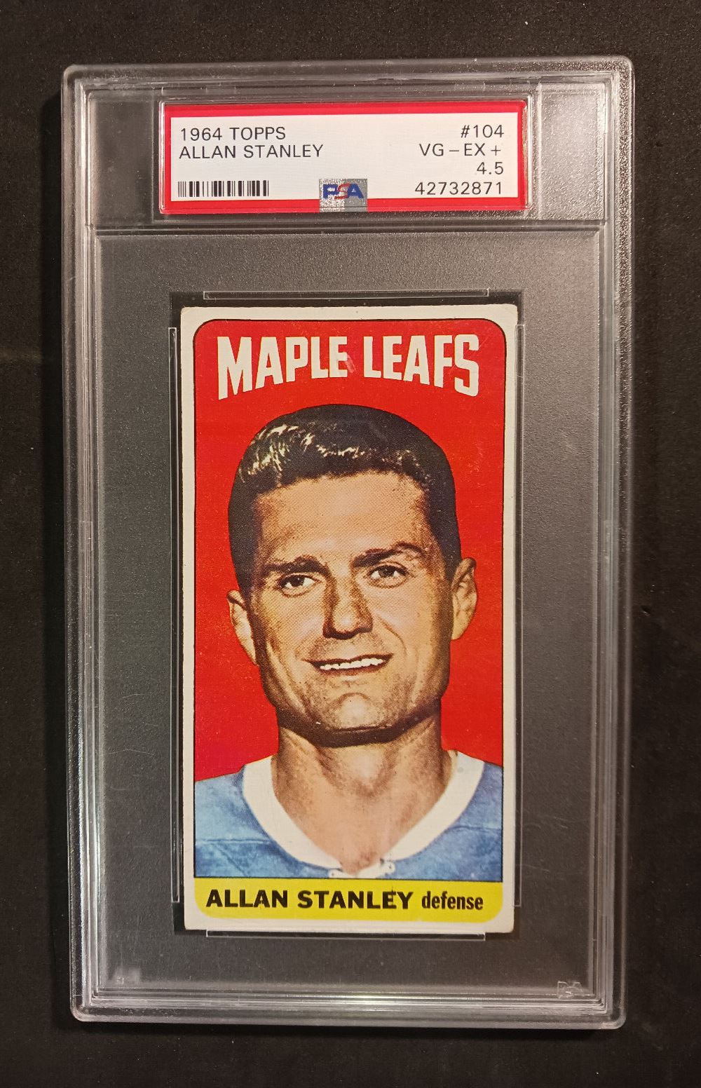 1964 Topps Allan Stanley #104 PSA Graded VG-EX+ 4.5 Hockey Card Tall Boy