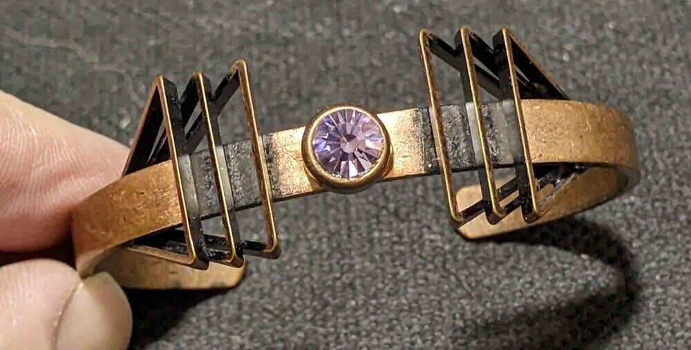 Vintage Unmarked Copper & Pink Stone MCM Cuff Bangle Bracelet