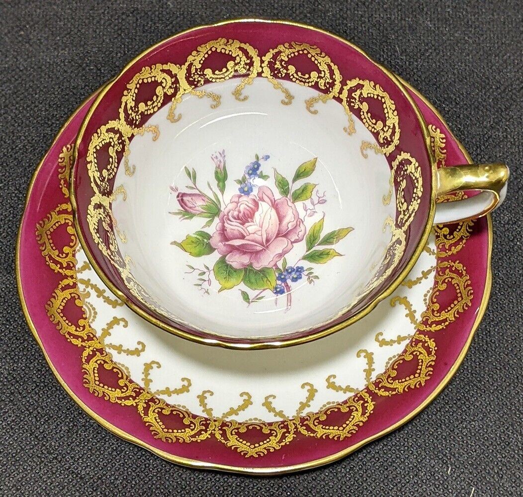 AYNSLEY Bone China Tea Cup & Saucer - Red Border - Cabbage Rose