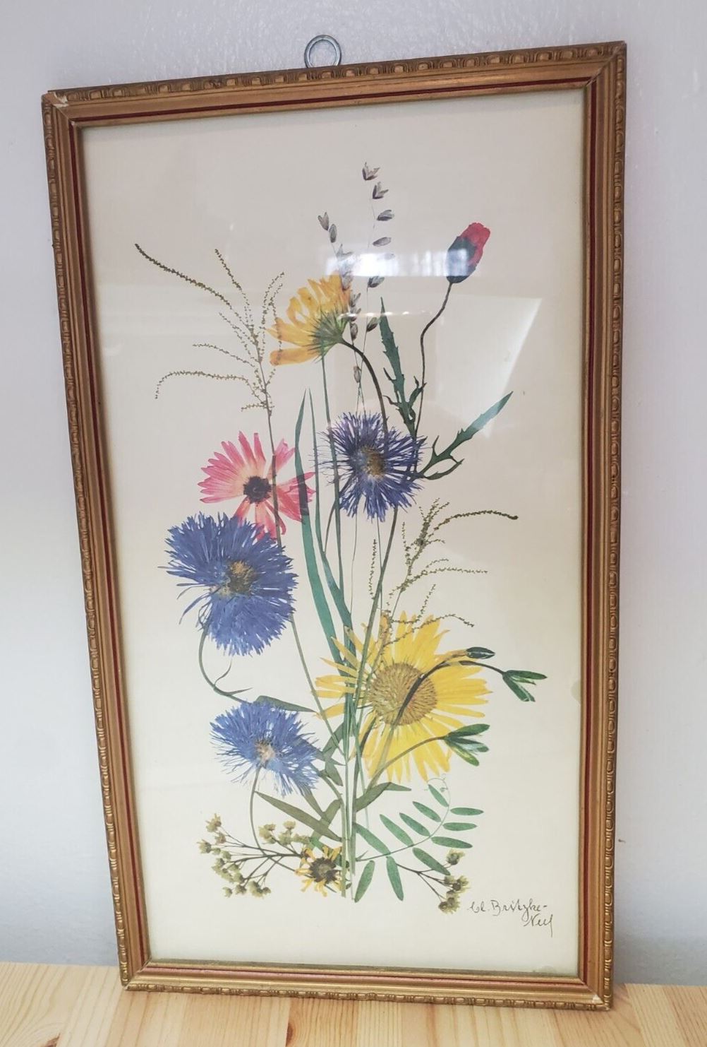Antique Framed Flowers Print - Signed - F