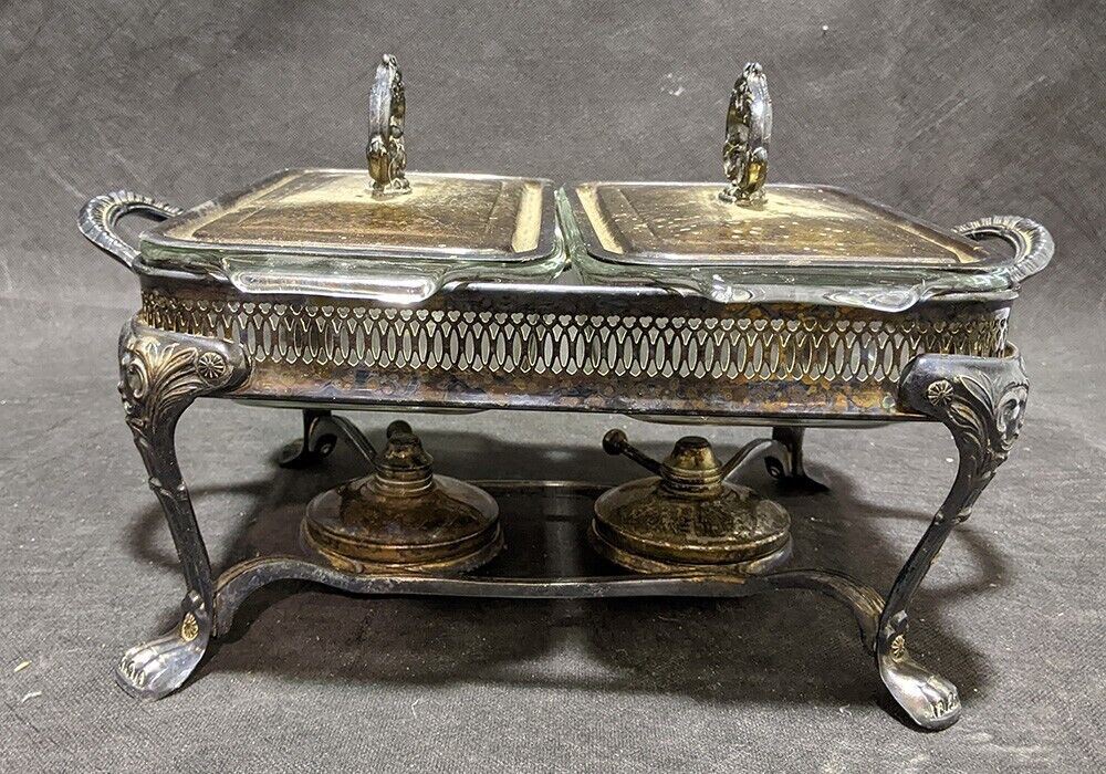 Vintage Silver Plate Double Covered Chafing Dish With Warming Burners