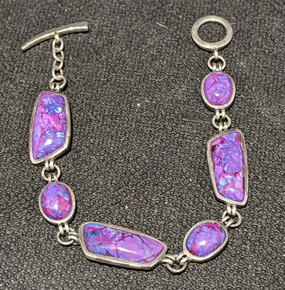 Sterling Silver Fashion Bracelet - Purple / Pink Marbled Accent Pieces - 7.5