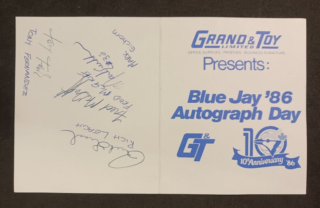 1986 Blue Jays Autograph Day Card Signed by Henke, Caudill, Iorg, Leach, McGriff
