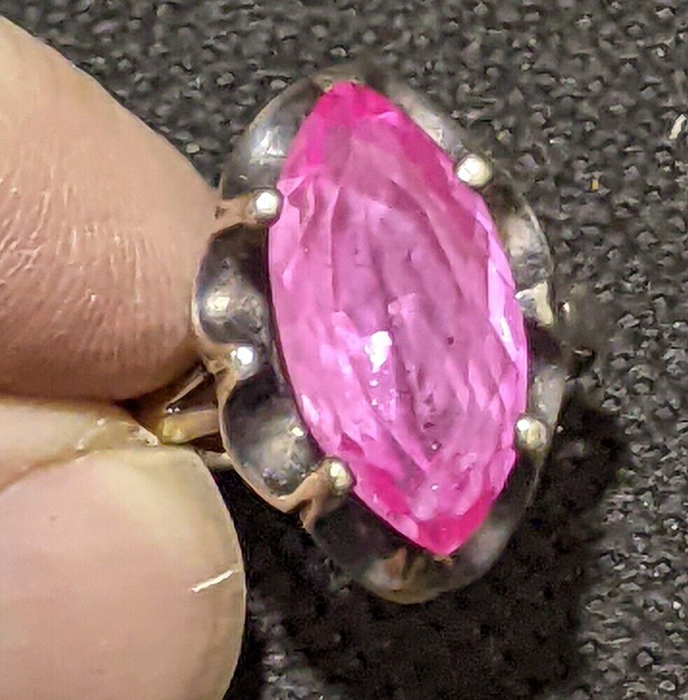 Sterling Silver Fashion Ring - Large Marquise Shaped Pink Stone - Size 9.5