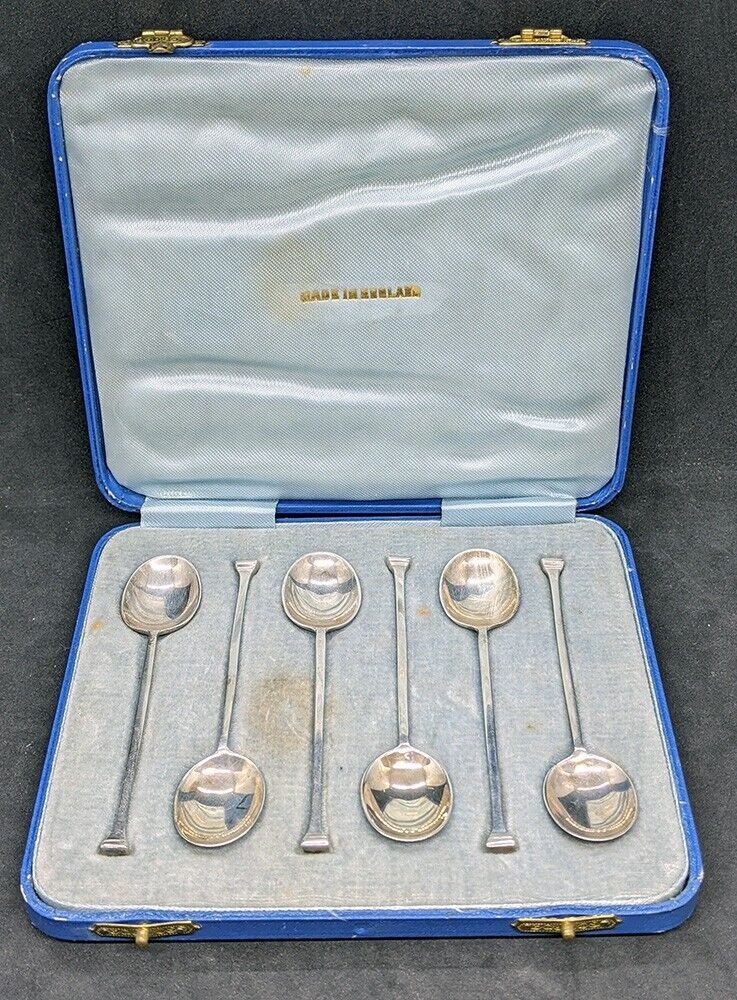 6 Vintage Sterling Silver Demitasse Spoon Set- Straight Handle in Fitted Canteen