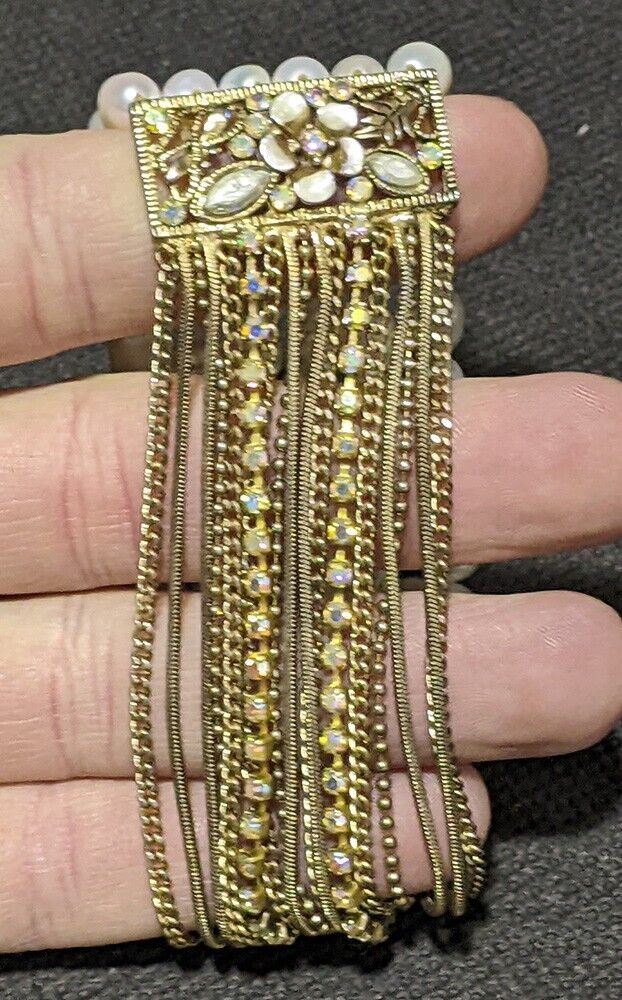 Gold Tone Chain, Rhinestone & Pearl Bead Costume Bracelet