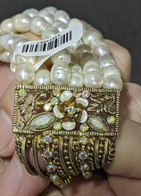 Load image into Gallery viewer, Gold Tone Chain, Rhinestone &amp; Pearl Bead Costume Bracelet
