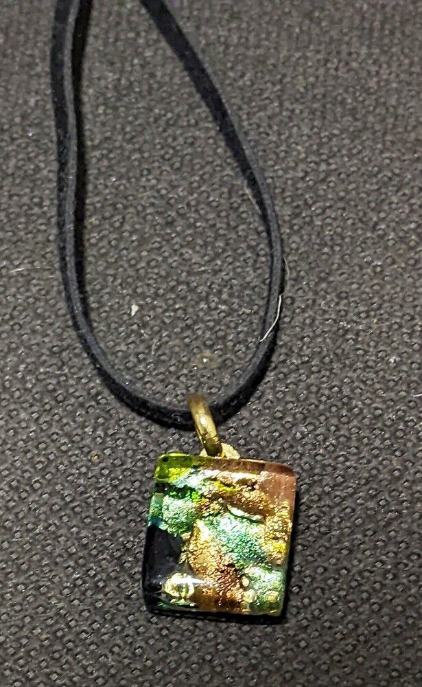 Square Murano Glass Pendant, Gold Tone Bale, Leather Cord Necklace