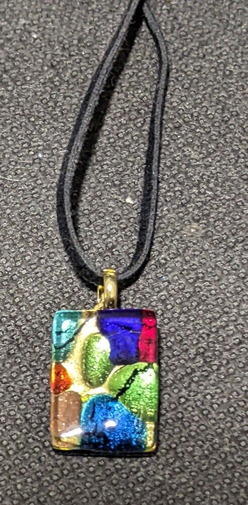 Colourful Murano Glass Pendant, Gold Tone Bale, Black Cord Necklace