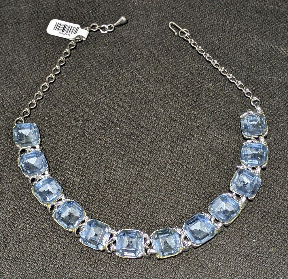 Light Blue Square Glass Stone Necklace With Silver Tone Chain