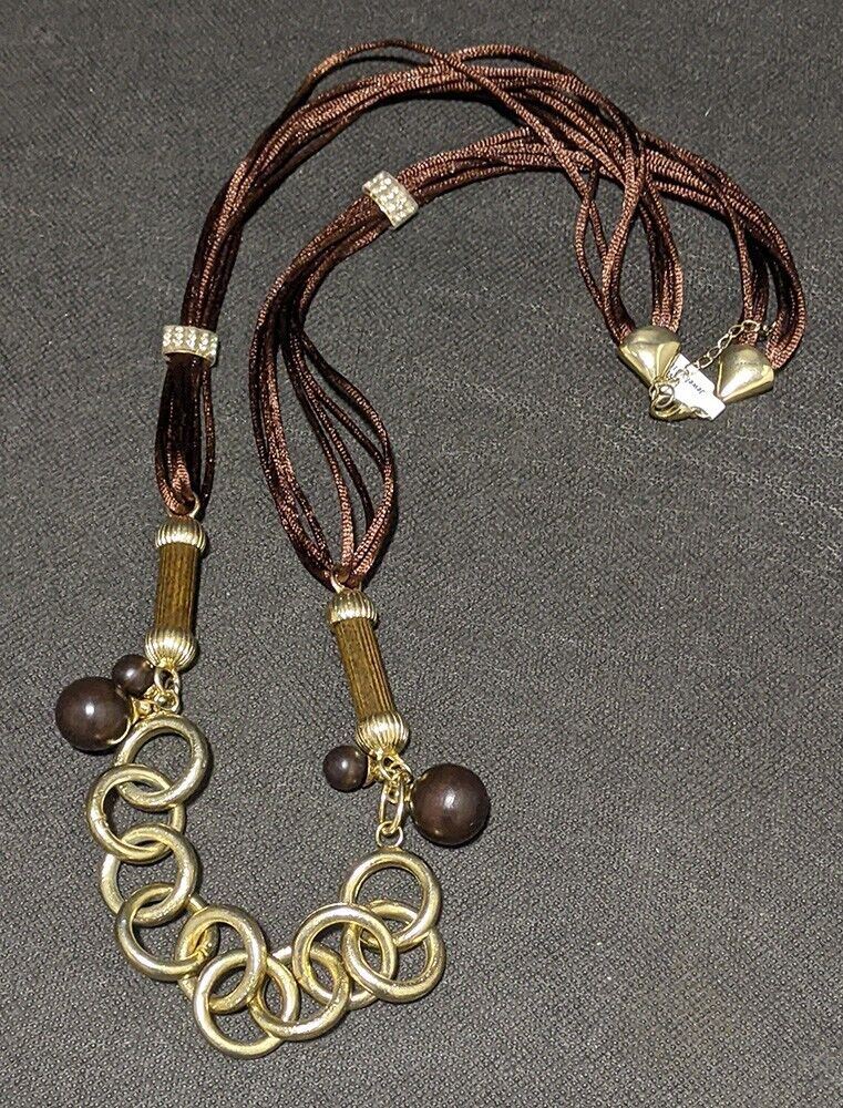 Heavy Brown & Gold Detail Chain Necklace With Brown Cord