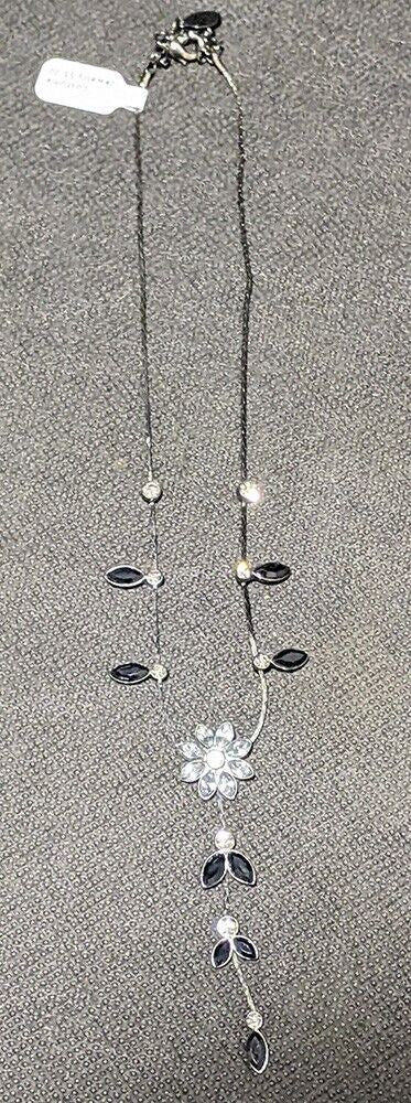 Black Tone Chain With Black & Clear Rhinestone, Flower Detail Necklace