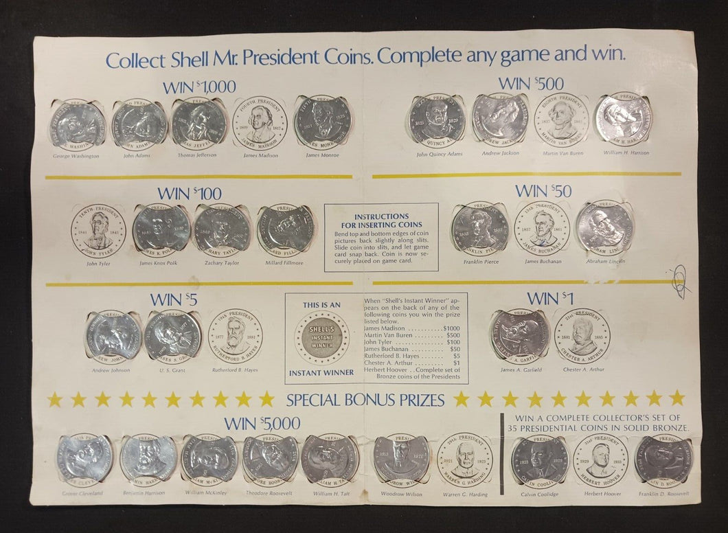1968 Play Shell's Mr. President Coin Game Contest with 23 coins included
