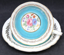 Load image into Gallery viewer, Blue, Gold Trim Aynsley Bone China Cup and Saucer w/ Flower Bouquet Center
