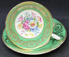 Load image into Gallery viewer, Electric Green and Gold Paragon China Cup and Saucer w/ Flower Garden Center

