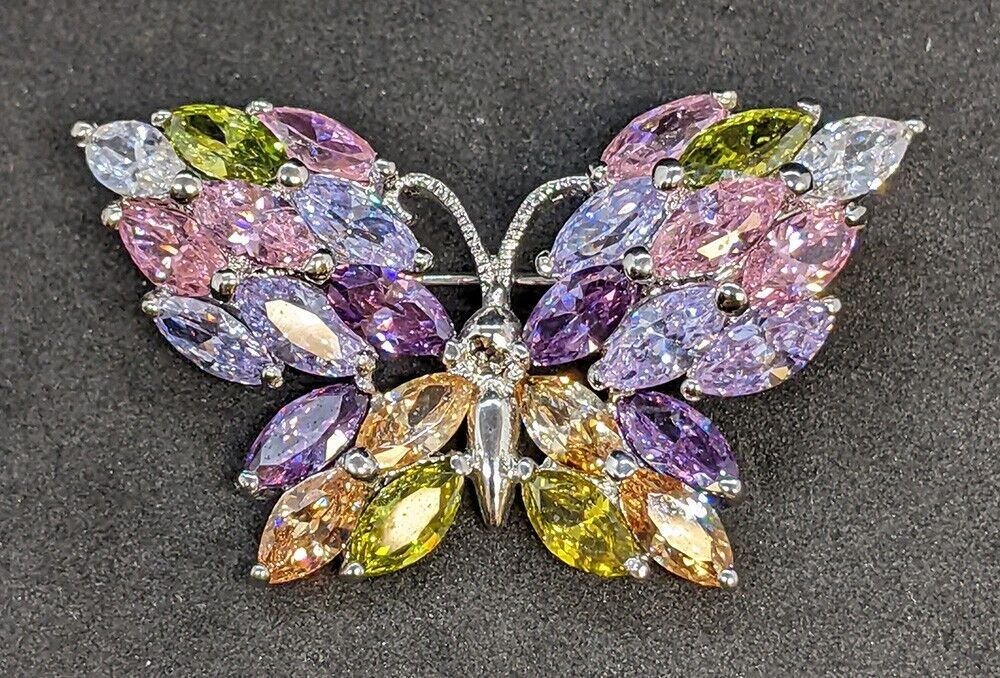 Colourful, Bright Multi Coloured Silver Tone Butterfly Pin / Brooch