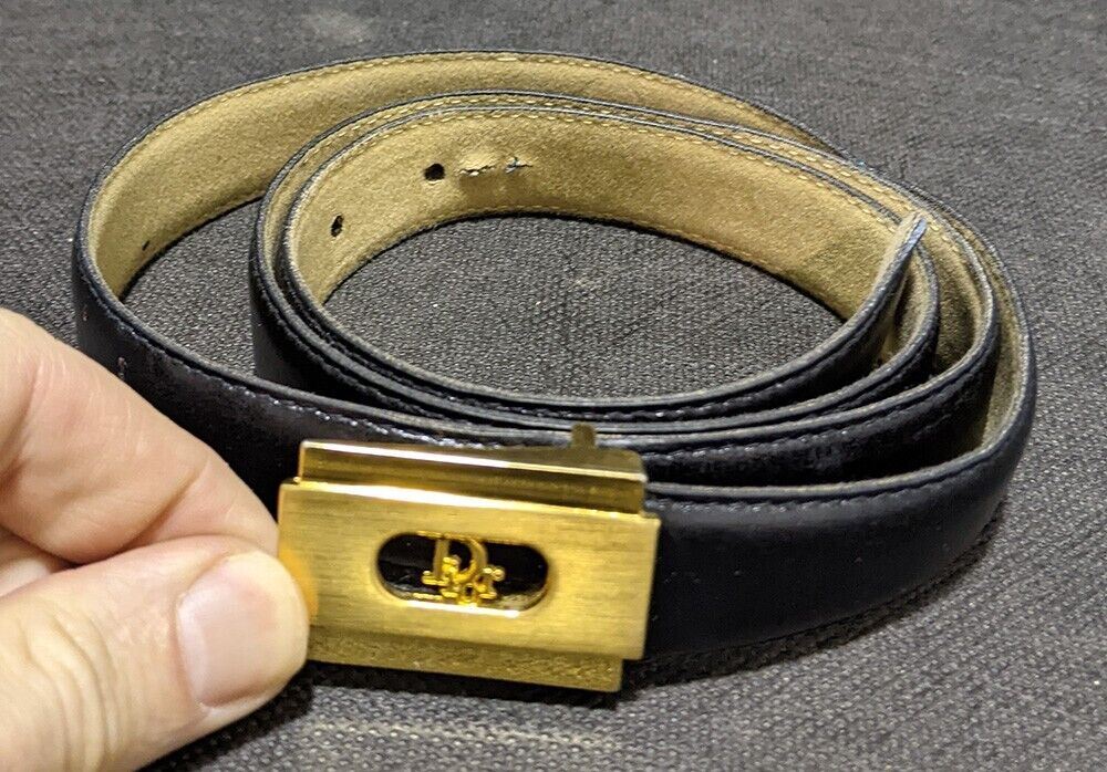 Vintage Black Leather, Gold Tone Buckle, CHRISTIAN DIOR Belt - Made in Spain