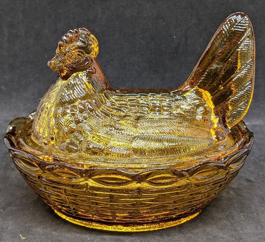 Vintage Amber Glass Hen on Nest Candy Dish
