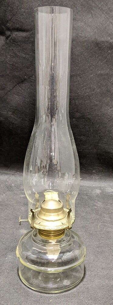 Vintage Clear Glass Base Oil Lamp With Burner & Chimney