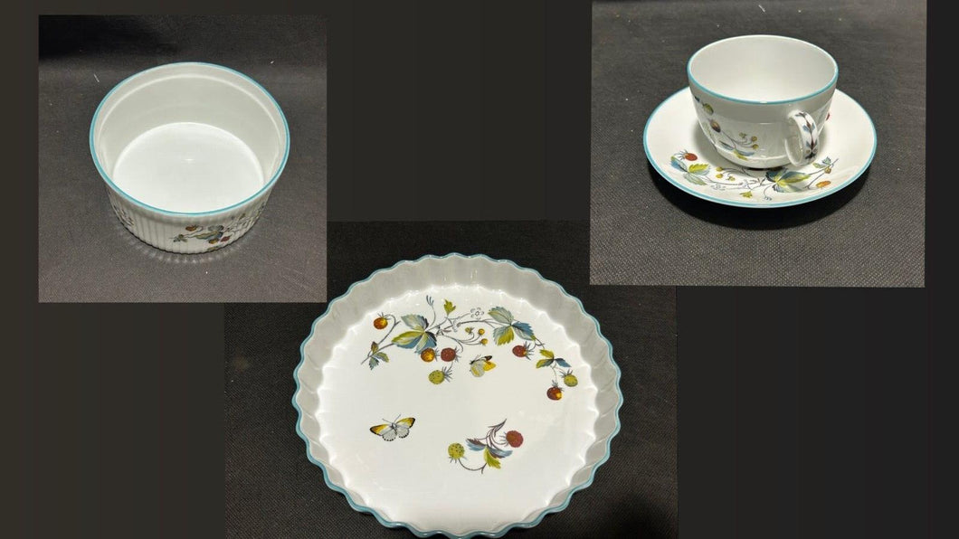 Royal Worcester Strawberry Fair lot 3 items, Cup & Saucer, Pie, Souffle Dish EX+