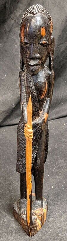African Wood Carving - Native Warrior With Spear - As Is